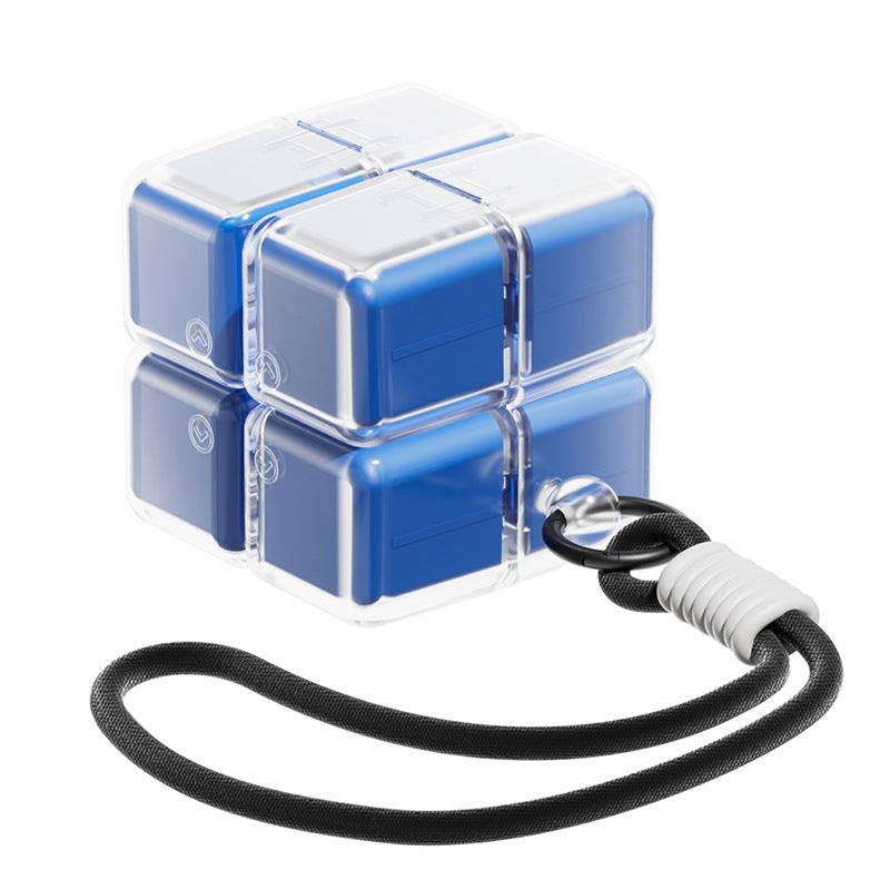 A portable medication organizer designed in the shape of a Rubik's Cube, featuring a lanyard for convenient carrying, a high-capacity dispensing compartment, and a sealed, moisture-resistant storage container organized for daily use across seven days.