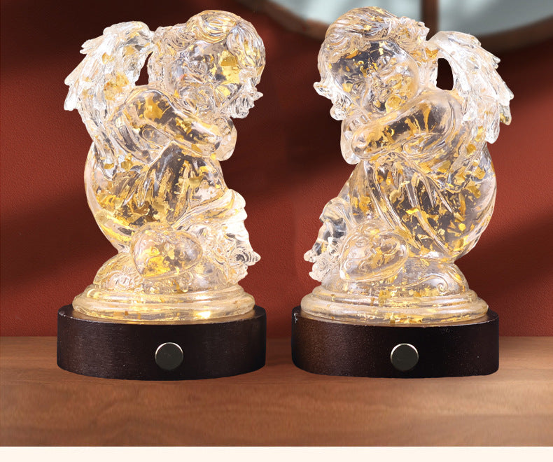 Transparent resin angel figurine, table lamp, adjustable lighting