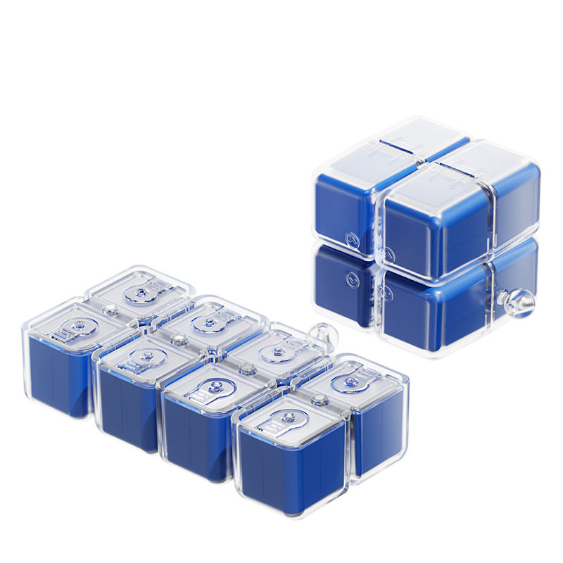 A portable medication organizer designed in the shape of a Rubik's Cube, featuring a lanyard for convenient carrying, a high-capacity dispensing compartment, and a sealed, moisture-resistant storage container organized for daily use across seven days.