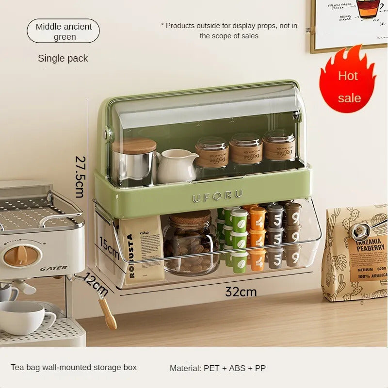 Tea Bag Storage Box Tea Room Countertop Multifunctional Hangable Standable Storage Rack Plastic Double Layer with Lid Dustproof Cup Holder
