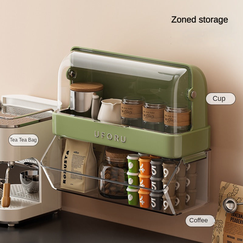 Tea Bag Storage Box Tea Room Countertop Multifunctional Hangable Standable Storage Rack Plastic Double Layer with Lid Dustproof Cup Holder