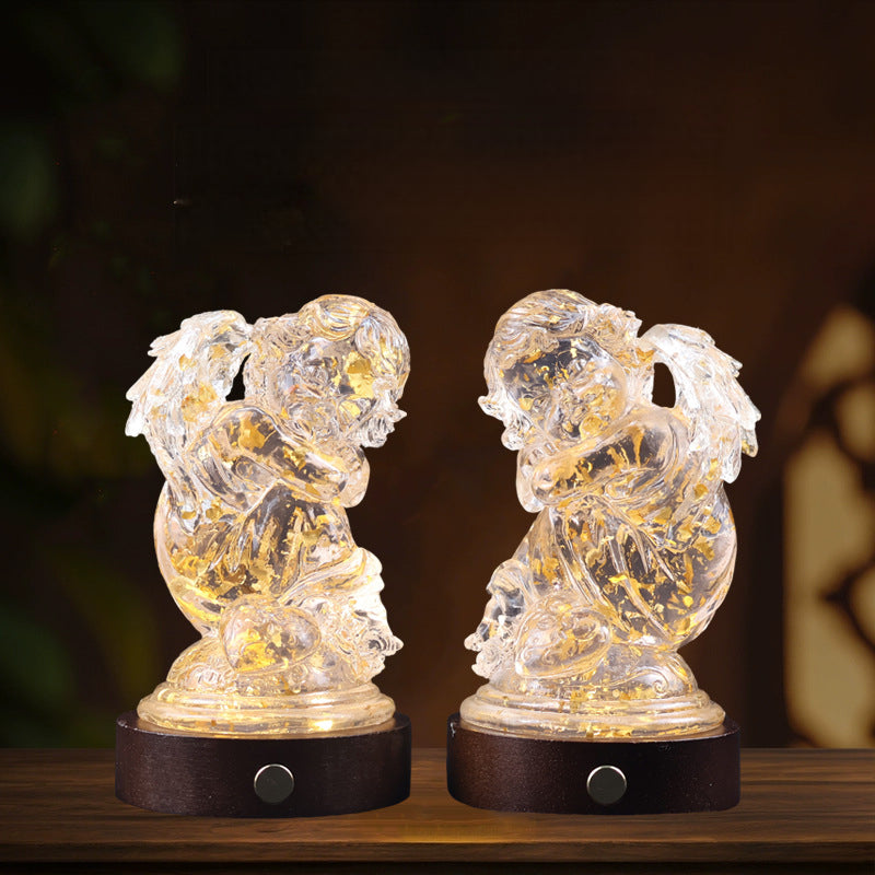 Transparent resin angel figurine, table lamp, adjustable lighting