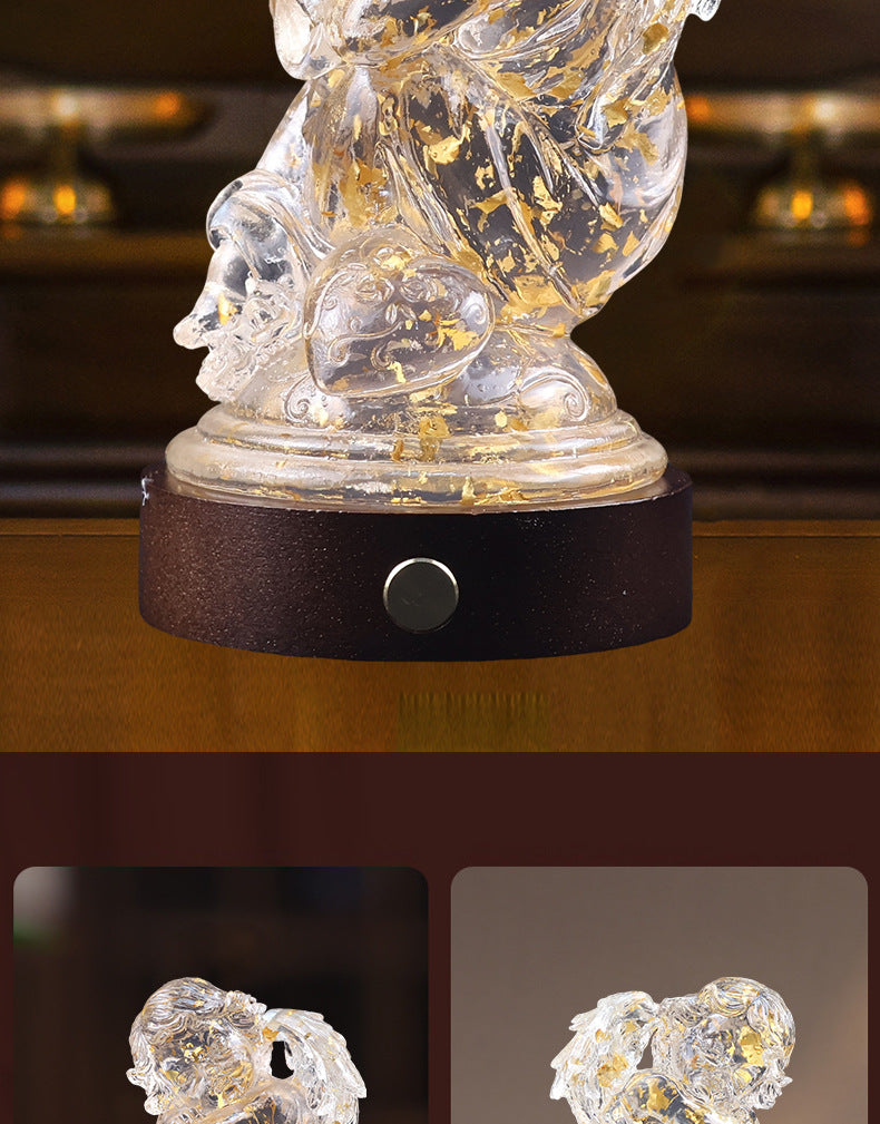 Transparent resin angel figurine, table lamp, adjustable lighting