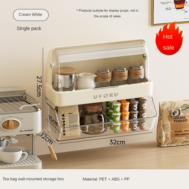 Tea Bag Storage Box Tea Room Countertop Multifunctional Hangable Standable Storage Rack Plastic Double Layer with Lid Dustproof Cup Holder