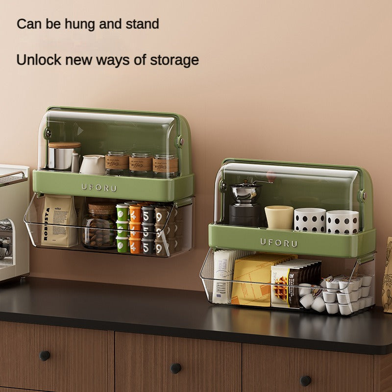 Tea Bag Storage Box Tea Room Countertop Multifunctional Hangable Standable Storage Rack Plastic Double Layer with Lid Dustproof Cup Holder