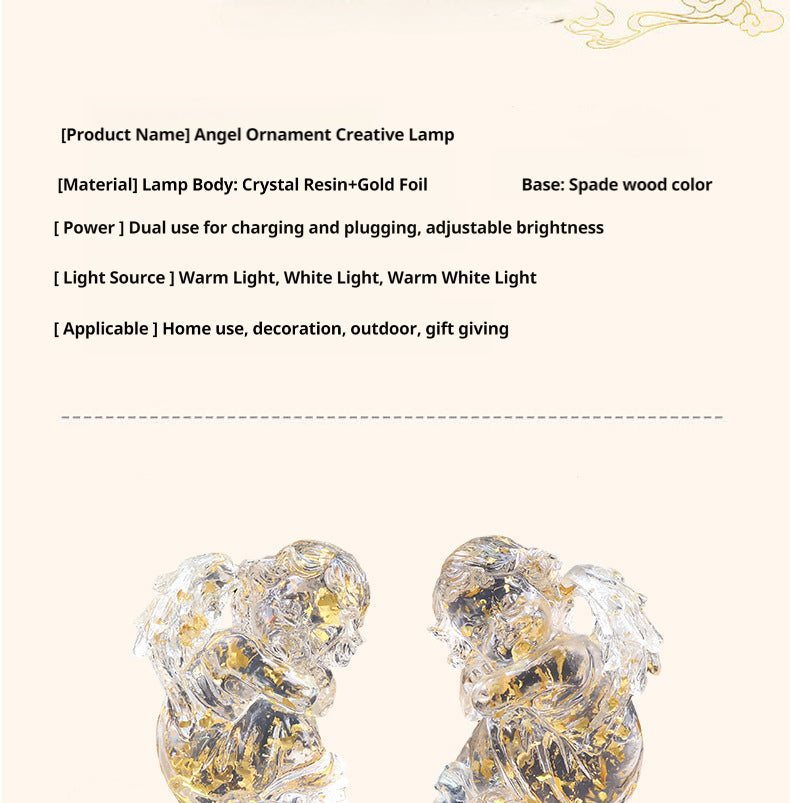 Transparent resin angel figurine, table lamp, adjustable lighting