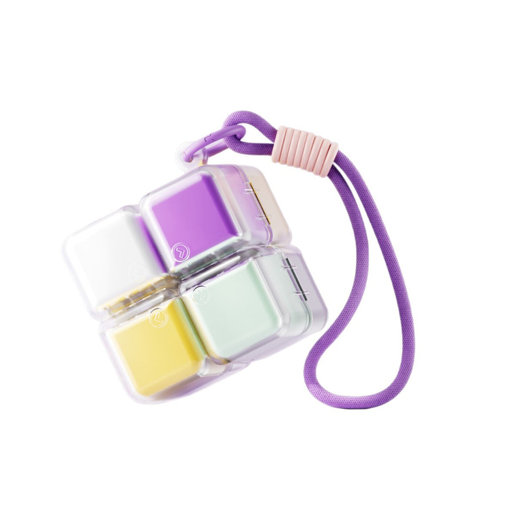 A portable medication organizer designed in the shape of a Rubik's Cube, featuring a lanyard for convenient carrying, a high-capacity dispensing compartment, and a sealed, moisture-resistant storage container organized for daily use across seven days.