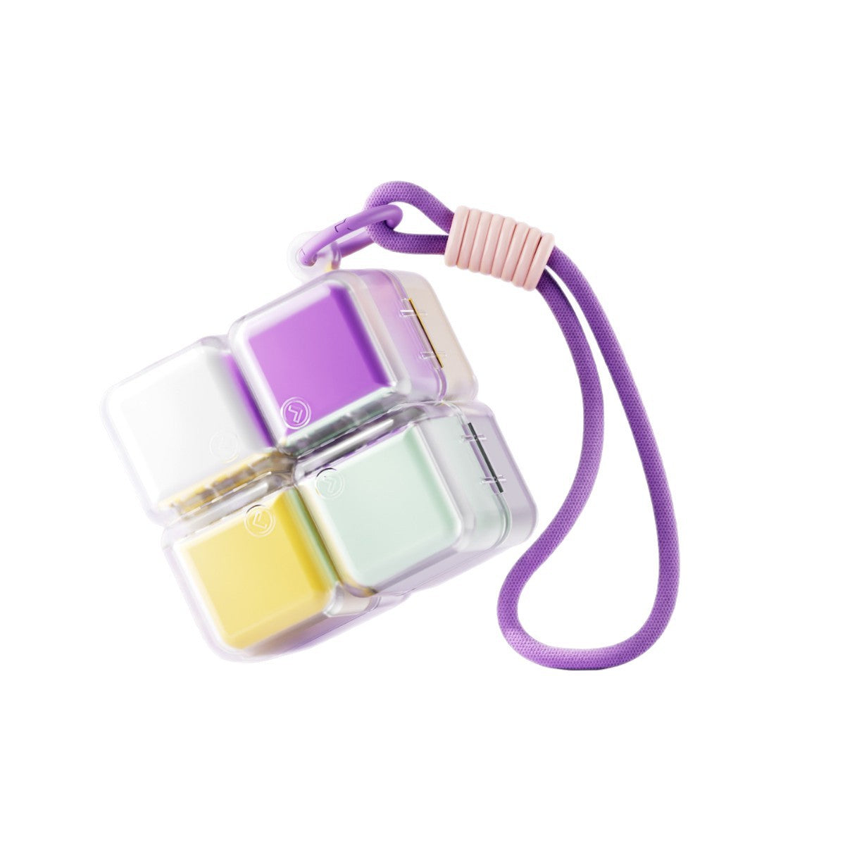 A portable medication organizer designed in the shape of a Rubik's Cube, featuring a lanyard for convenient carrying, a high-capacity dispensing compartment, and a sealed, moisture-resistant storage container organized for daily use across seven days.
