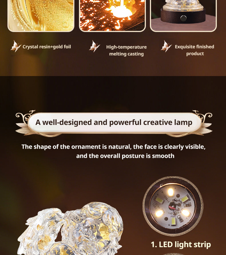 Transparent resin angel figurine, table lamp, adjustable lighting