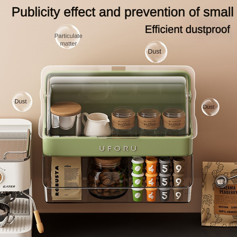 Tea Bag Storage Box Tea Room Countertop Multifunctional Hangable Standable Storage Rack Plastic Double Layer with Lid Dustproof Cup Holder