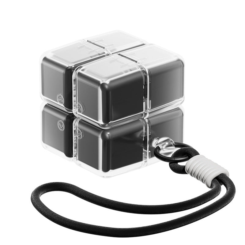 A portable medication organizer designed in the shape of a Rubik's Cube, featuring a lanyard for convenient carrying, a high-capacity dispensing compartment, and a sealed, moisture-resistant storage container organized for daily use across seven days.