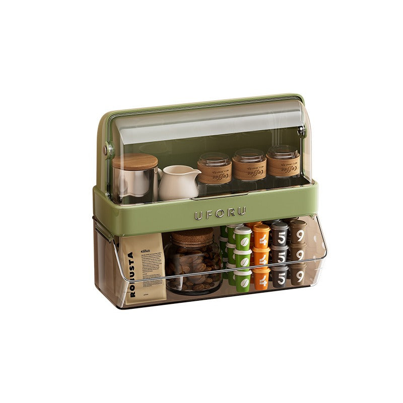 Tea Bag Storage Box Tea Room Countertop Multifunctional Hangable Standable Storage Rack Plastic Double Layer with Lid Dustproof Cup Holder