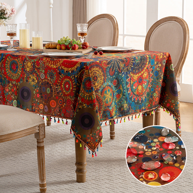 Colored tassel tablecloth with printed pattern, dust-proof and water-resistant
