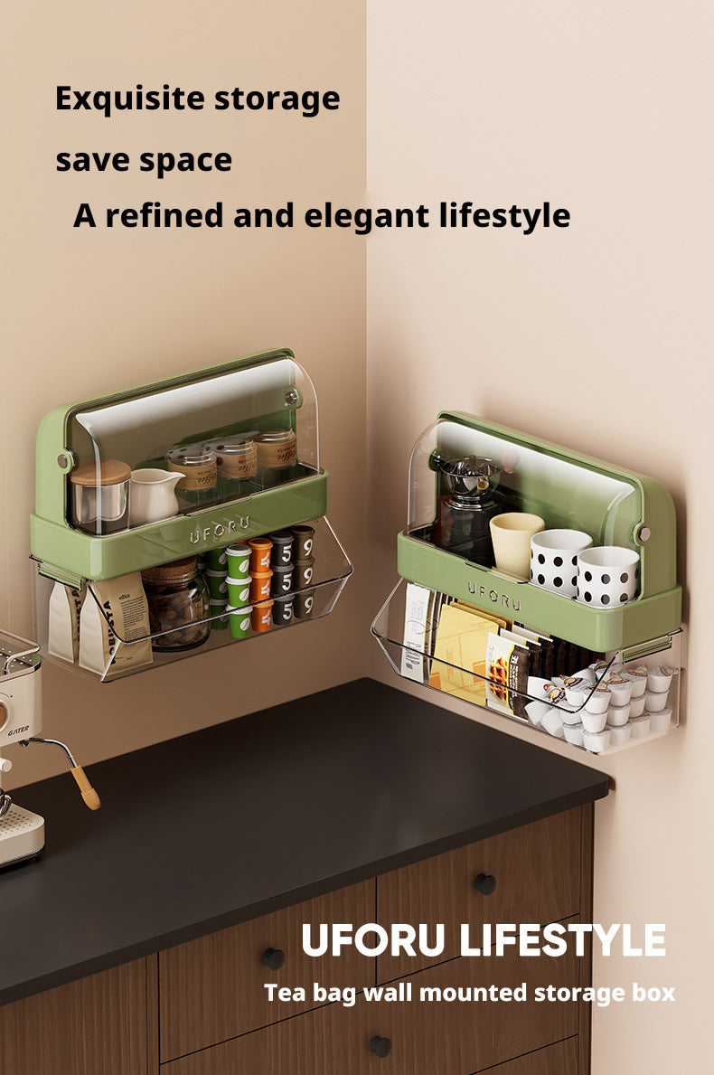 Tea Bag Storage Box Tea Room Countertop Multifunctional Hangable Standable Storage Rack Plastic Double Layer with Lid Dustproof Cup Holder