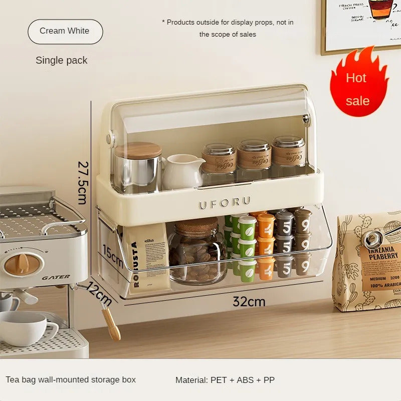 Tea Bag Storage Box Tea Room Countertop Multifunctional Hangable Standable Storage Rack Plastic Double Layer with Lid Dustproof Cup Holder