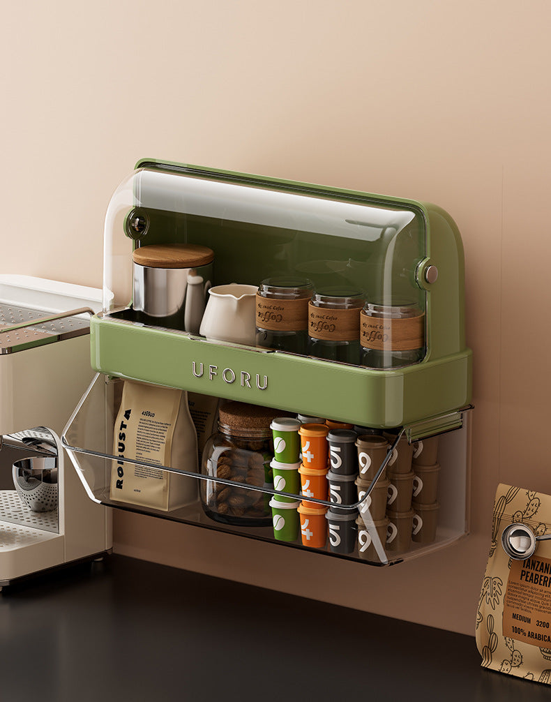 Tea Bag Storage Box Tea Room Countertop Multifunctional Hangable Standable Storage Rack Plastic Double Layer with Lid Dustproof Cup Holder