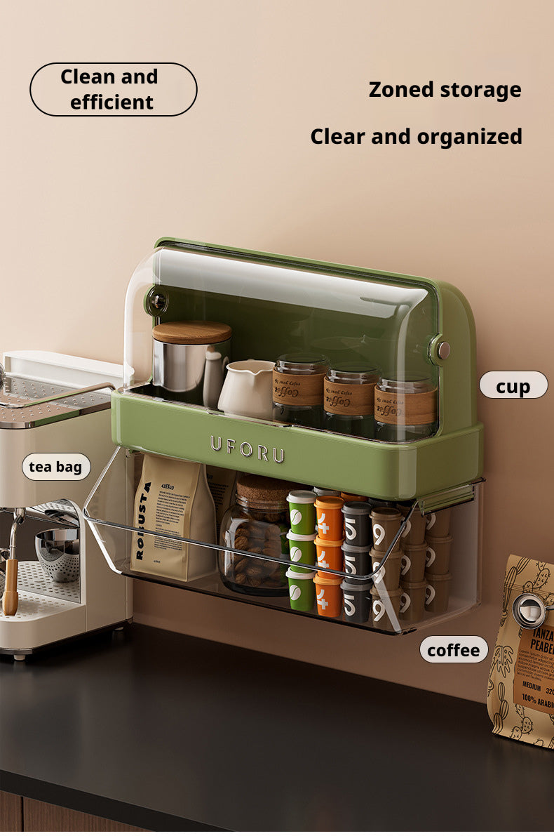 Tea Bag Storage Box Tea Room Countertop Multifunctional Hangable Standable Storage Rack Plastic Double Layer with Lid Dustproof Cup Holder