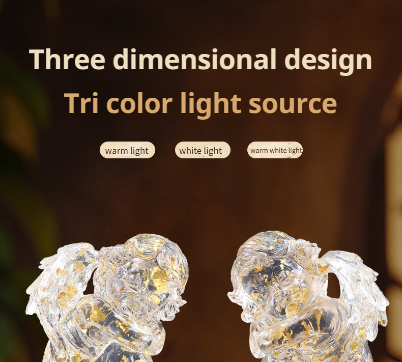 Transparent resin angel figurine, table lamp, adjustable lighting